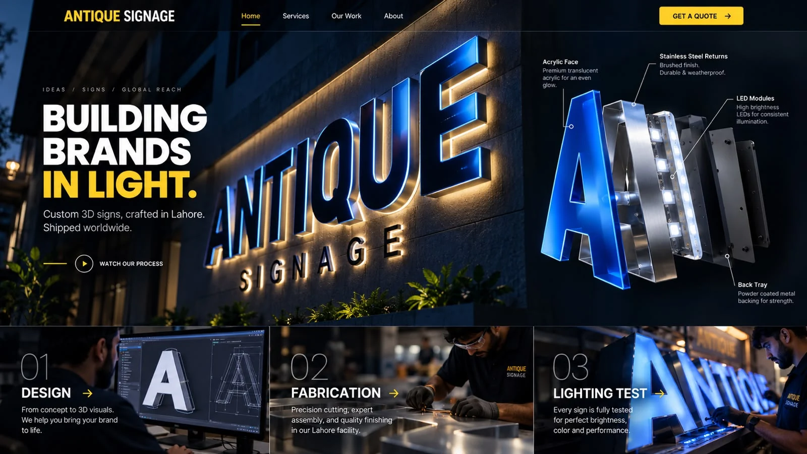 Antique Signage illuminated blue channel letters on a building