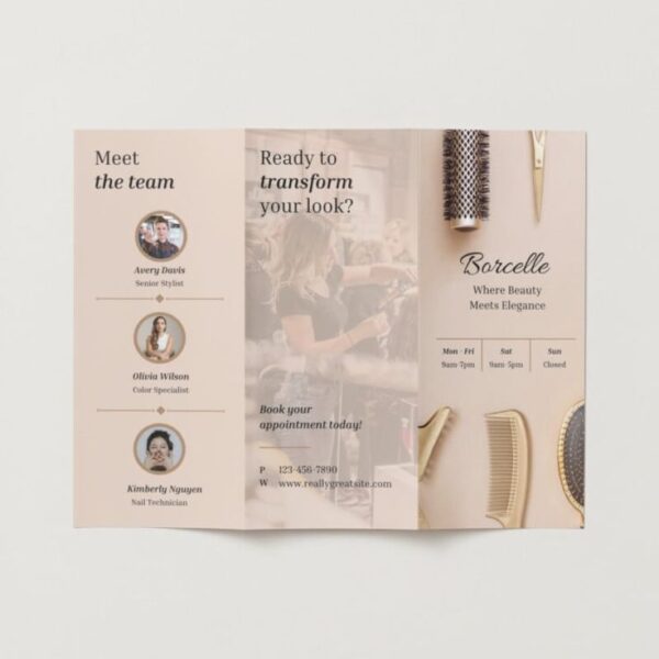 Canva Illustrated Beauty Salon Trifold Brochure, White_Brown, Matte Finish, Pack of 50, 11_ x 8_5_