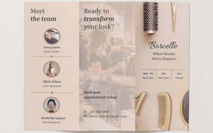 Canva Illustrated Beauty Salon Trifold Brochure, White_Brown, Matte Finish, Pack of 50, 11_ x 8_5_