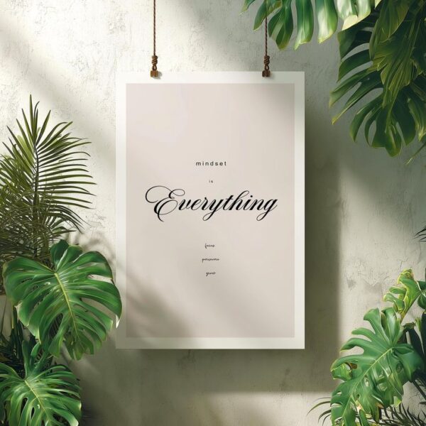 Mindset Is Everything Motivational Poster, Modern Minimalist Wall Art Print, Focus Persevere Grow Quote, Neutral Office Typography Decor