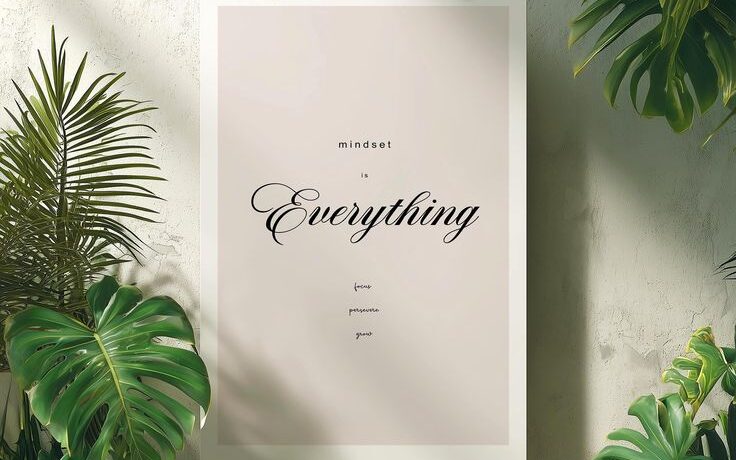 Mindset Is Everything Motivational Poster, Modern Minimalist Wall Art Print, Focus Persevere Grow Quote, Neutral Office Typography Decor
